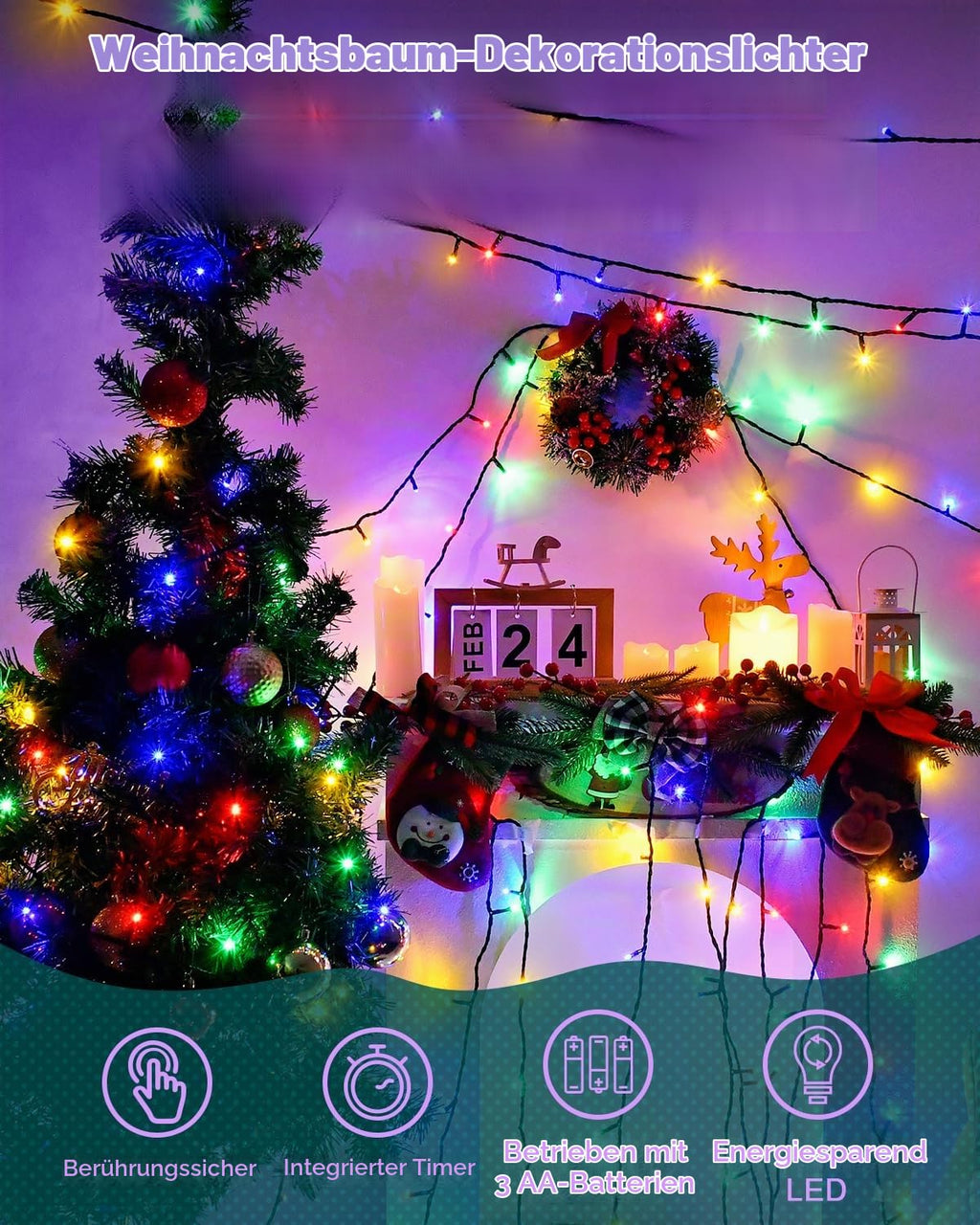 Dalugo 2 Stück Lichterkette Orange, 5M 50 LED Kabel grün mit 6h Timer, IP65 Wasserdicht Batterie für Innen außen dekorationen