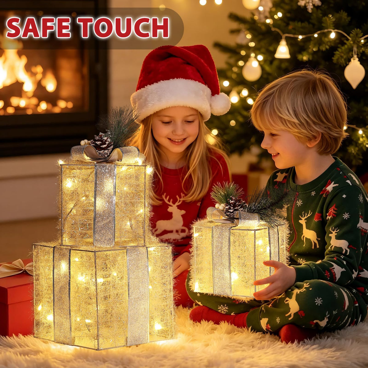 Quntis 3 Set LED Geschenkbox Weihnachtsdeko Innen Aussen 60 warmweiße LEDs