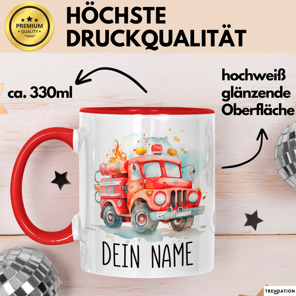 Feuerwehr Auto Tasse mit Namen – Personalisierte Tasse Geburtstag Geschenkidee süßes Feuerwehr Automotiv Namenstasse (Schwarz)