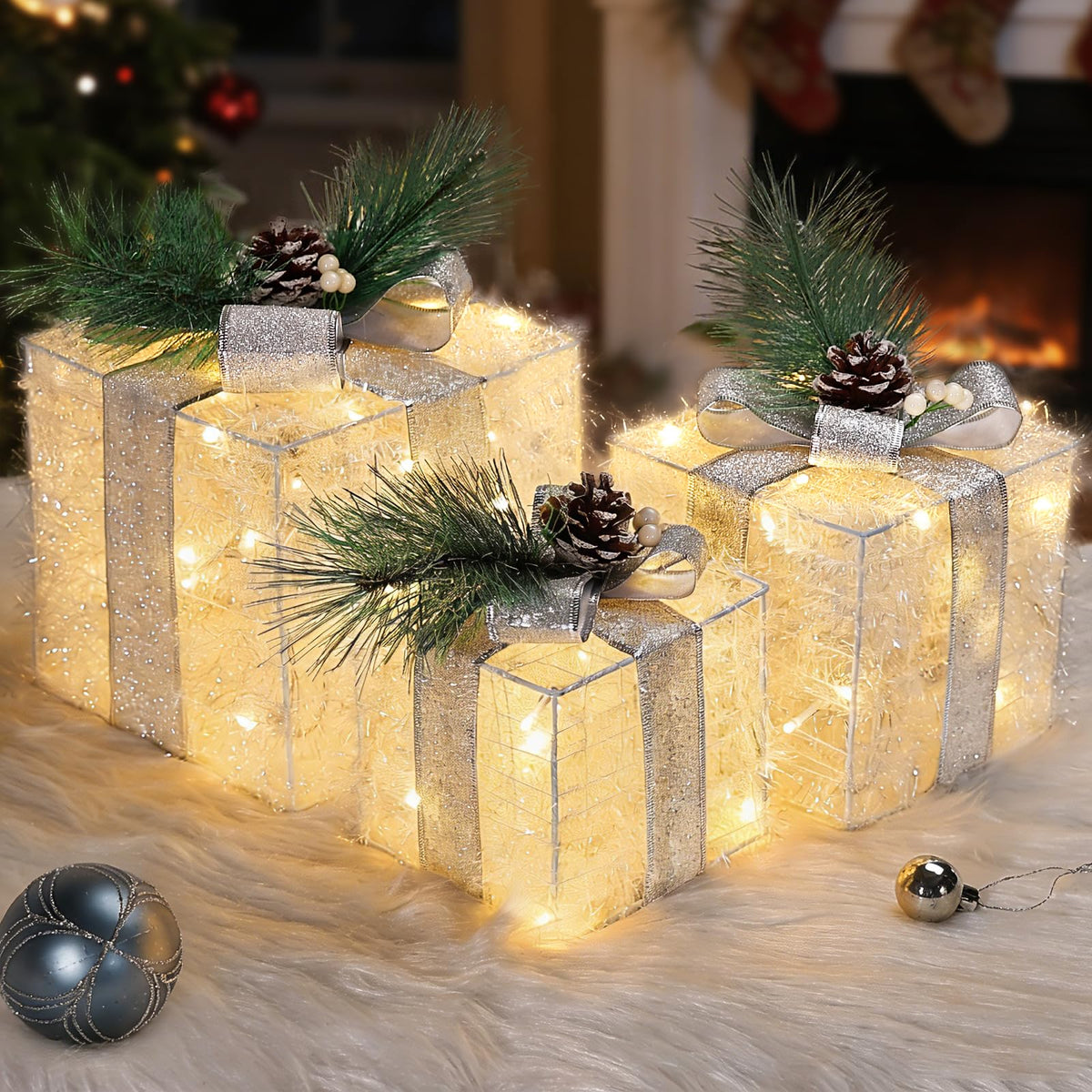 Quntis 3 Set LED Geschenkbox Weihnachtsdeko Innen Aussen 60 warmweiße LEDs