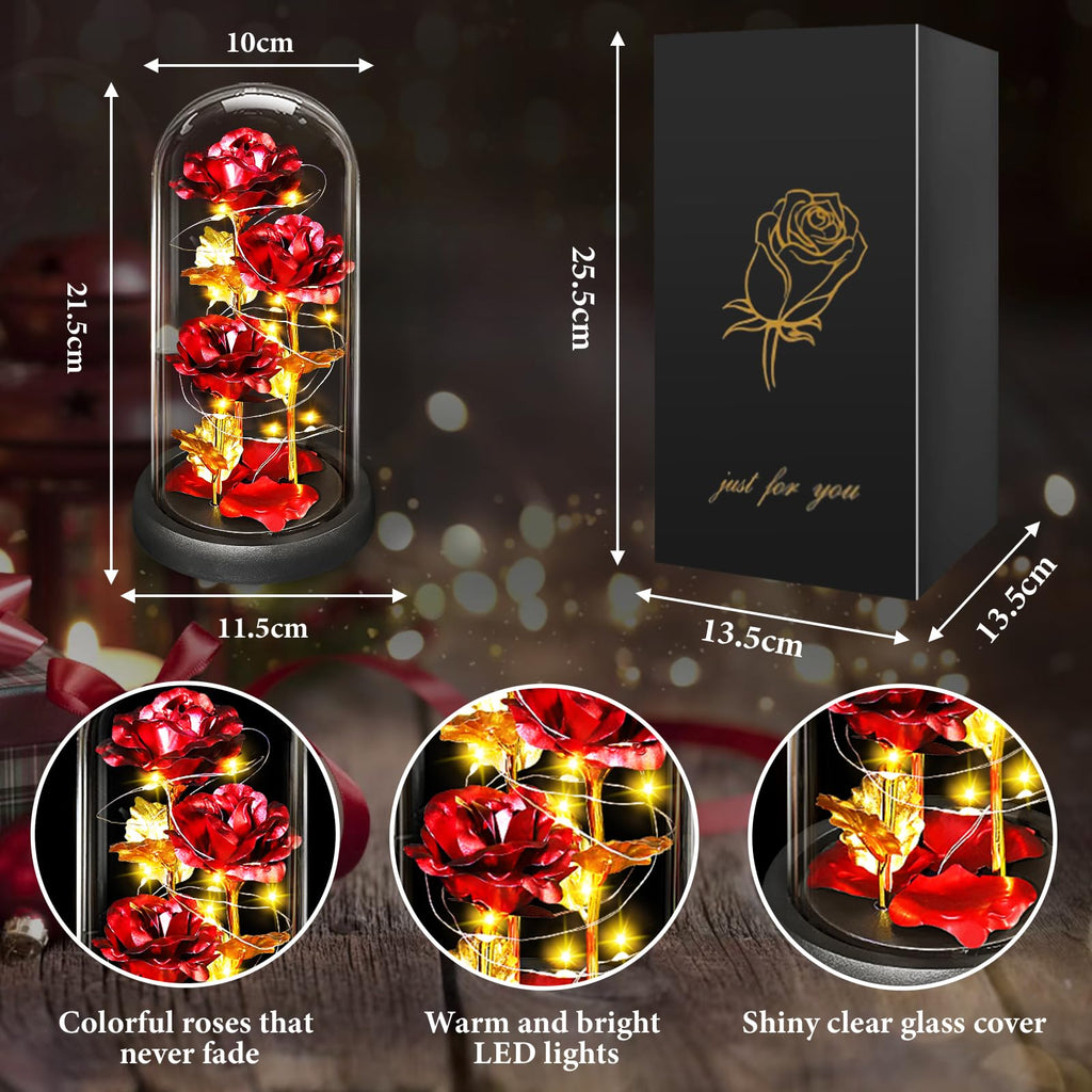 BOLEi Geschenke für Frauen,Ewige Rose im Glas mit LED(Klassisch Rot Rose)