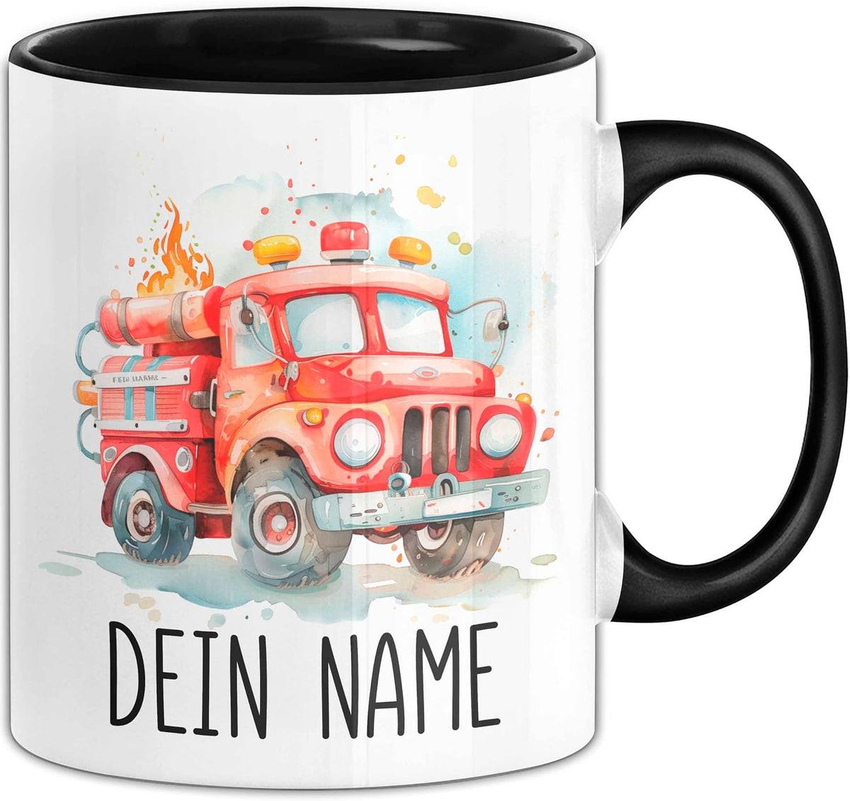 Feuerwehr Auto Tasse mit Namen – Personalisierte Tasse Geburtstag Geschenkidee süßes Feuerwehr Automotiv Namenstasse (Schwarz)