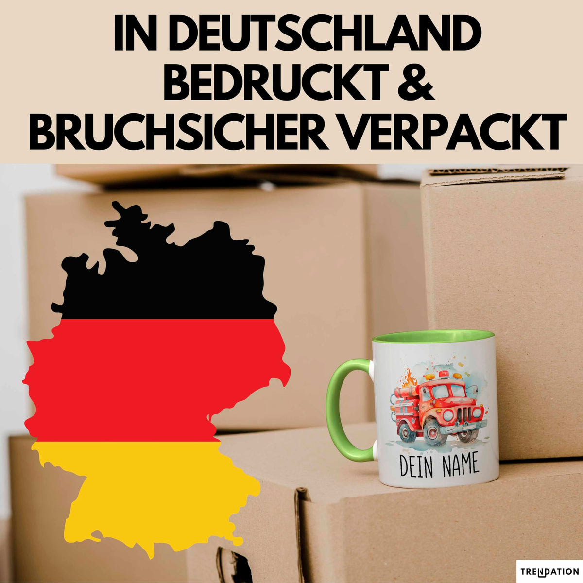 Feuerwehr Auto Tasse mit Namen – Personalisierte Tasse Geburtstag Geschenkidee süßes Feuerwehr Automotiv Namenstasse (Schwarz)