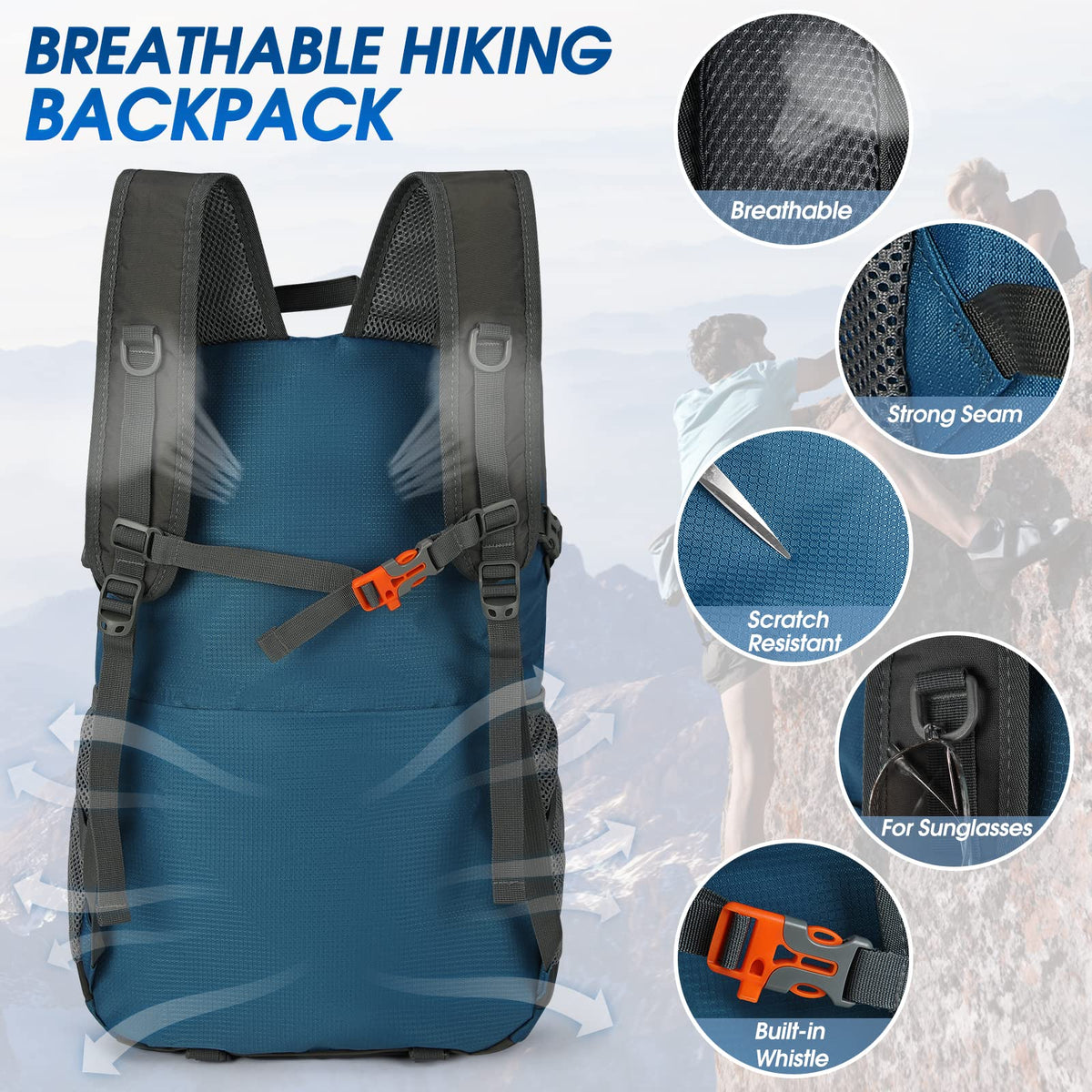 IGOLUMON Wanderrucksack Herren Damen 40L Wasserdichter Rucksack Leicht Faltbarer Reiserucksack Trekkingrucksack mit Reflexstreifen Für Radfahren, Klettern, Bergsteigen und Reisen Sport，Schwarz