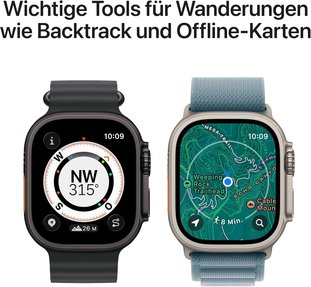 Apple Watch Ultra 3 GPS + Cellular 49 mm Premium Smartwatch für Lauftraining und Kombinationssport mit robustem Titangehäuse in Schwarz und Trail Loop in Schwarz/Kohlegrau (M/L)