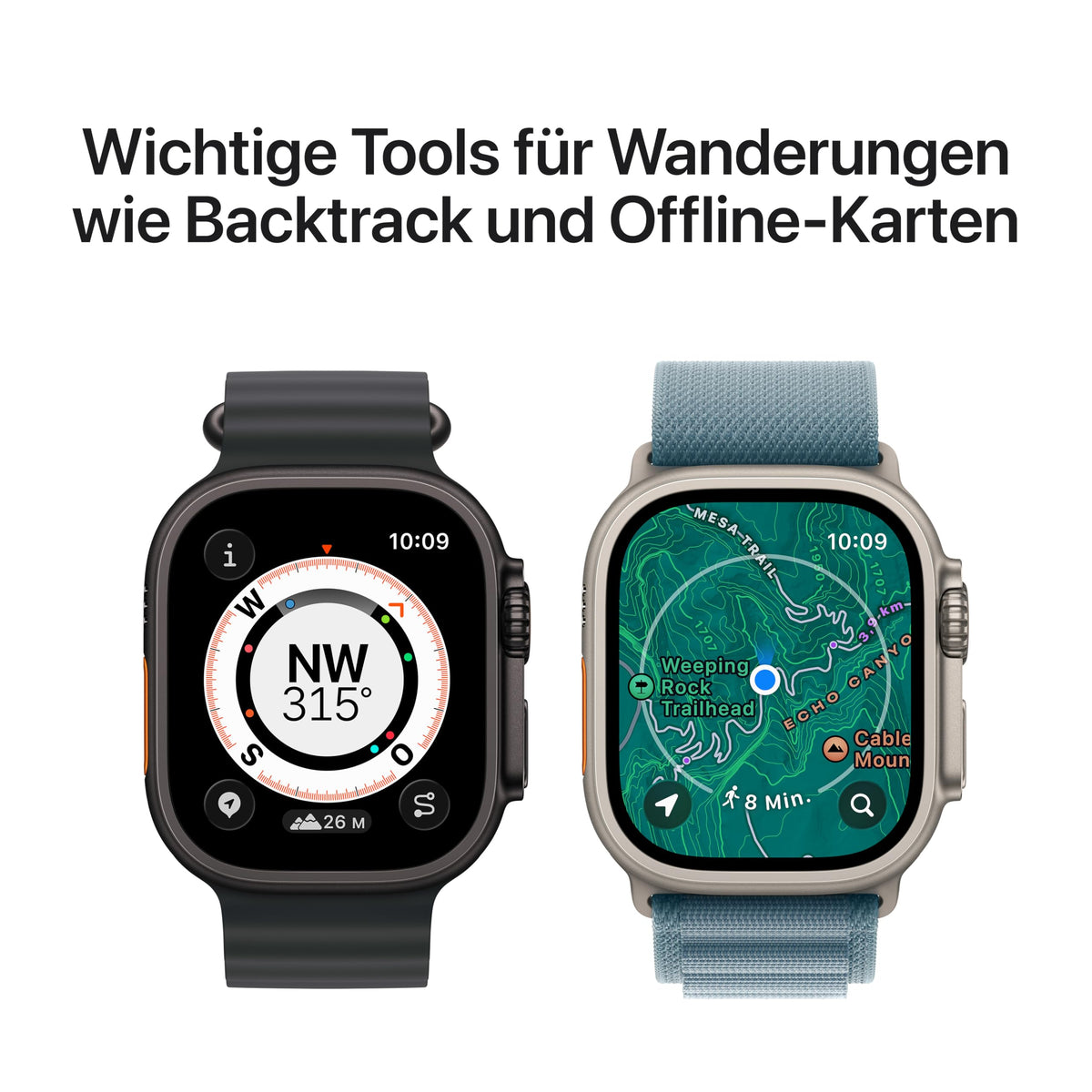 Apple Watch Ultra 3 GPS + Cellular 49 mm Premium Smartwatch für Lauftraining und Kombinationssport mit robustem Titangehäuse in Schwarz und Trail Loop in Schwarz/Kohlegrau (M/L)
