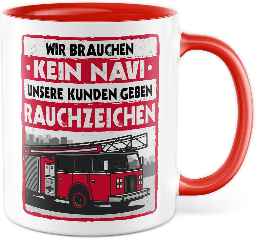 Feuerwehr Tasse Rauchzeichen Geschenkidee Witz Kaffeetasse mit lustigen Spruch Geschenk für Feuerwehrmann Kaffeebecher Feuerwehrauto Becher (Weiß & Rot)