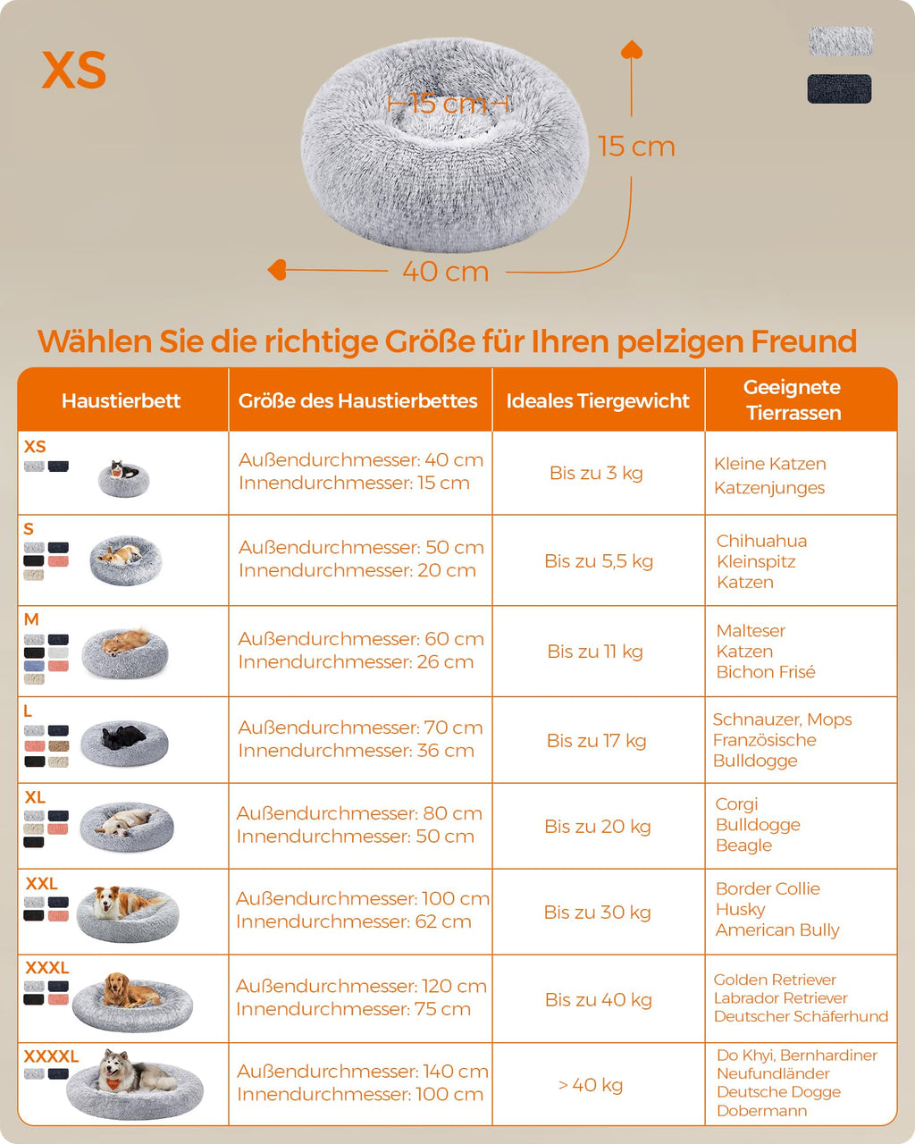 Feandrea Hundebett flauschig, waschbar, Langer Plüsch, 70 cm Durchmesser