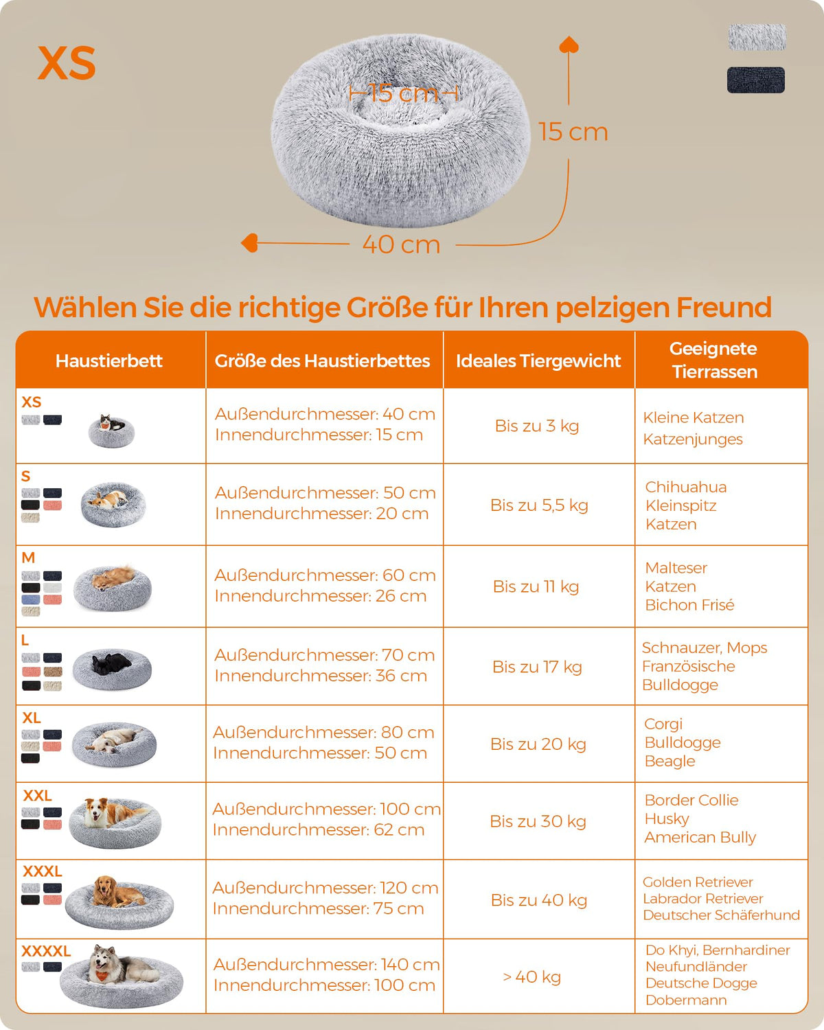Feandrea Hundebett flauschig, waschbar, Langer Plüsch, 70 cm Durchmesser