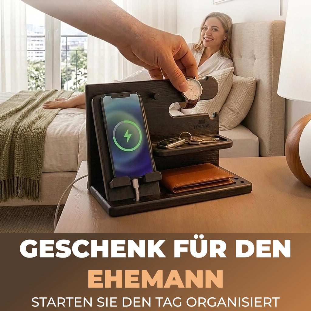 TESLYAR Organizer Schreibtisch Holz Handy Ladestation Männergeschenke Papa