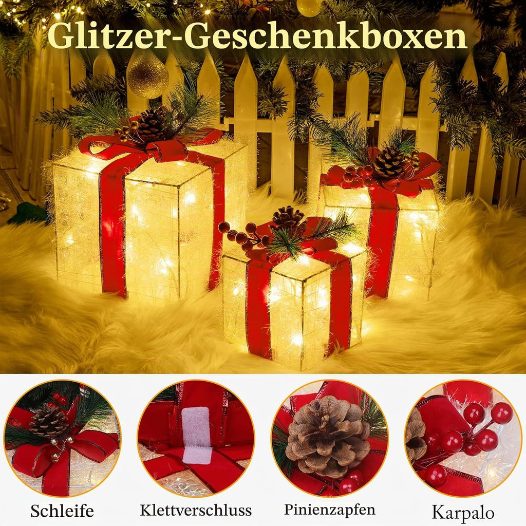 Quntis 3 Set LED Geschenkbox Weihnachtsdeko Innen Aussen 60 warmweiße LEDs
