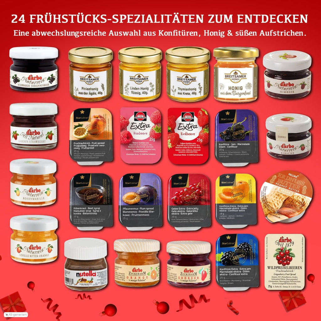 He-Ju Frühstück Adventskalender 2026, 24 süße Aufstriche in Portionsgrößen