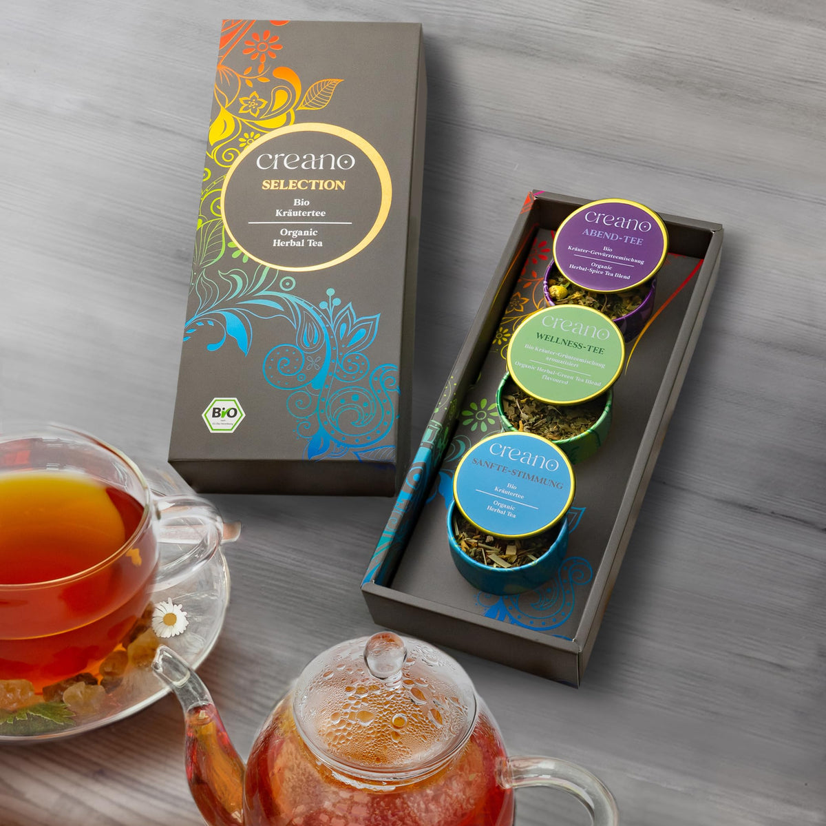Creano Premium Bio Kräutertee Geschenkset „ORGANIC HERBAL TEA“ - 9 Pyramiden-Teebeutel in 9 unterschiedlichen Sorten - 22,5g - NEUHEIT 2024*