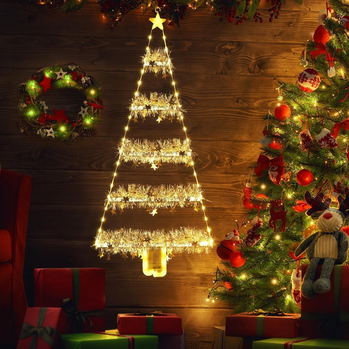Geemoo Weihnachtsbeleuchtung Außen Batterie, 81cm Weihnachtsbaum Leiter Lichterkette mit Lametta Girlande, Timer, 8 Modi, Warmweiß Fensterlicht für Innen, Fenster, Party, Hochzeit, Tür, Weihnachtsdeko