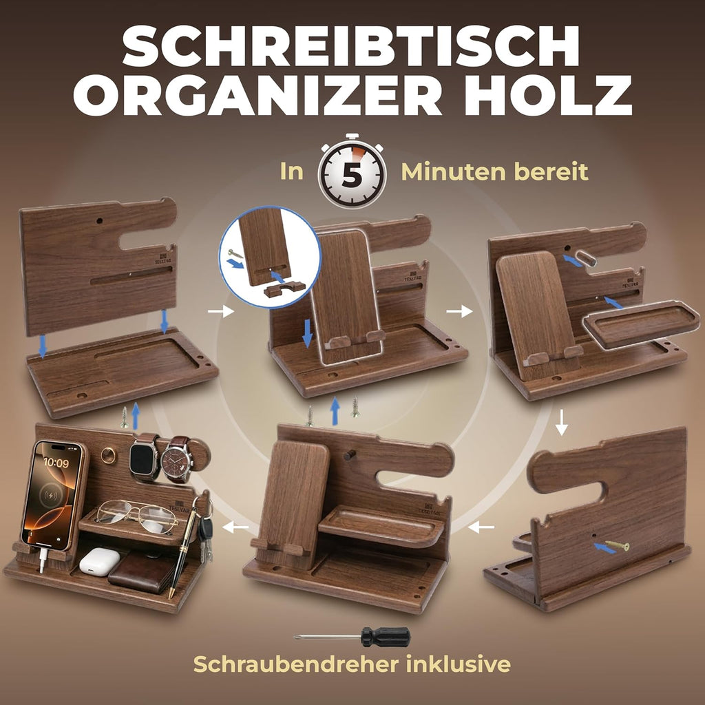 TESLYAR Organizer Schreibtisch Holz Handy Ladestation Männergeschenke Papa