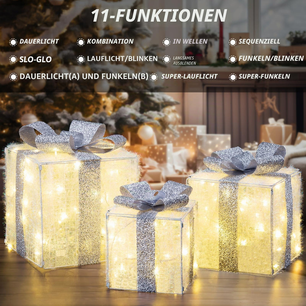 Quntis 3 Set LED Geschenkbox Weihnachtsdeko Innen Aussen 60 warmweiße LEDs