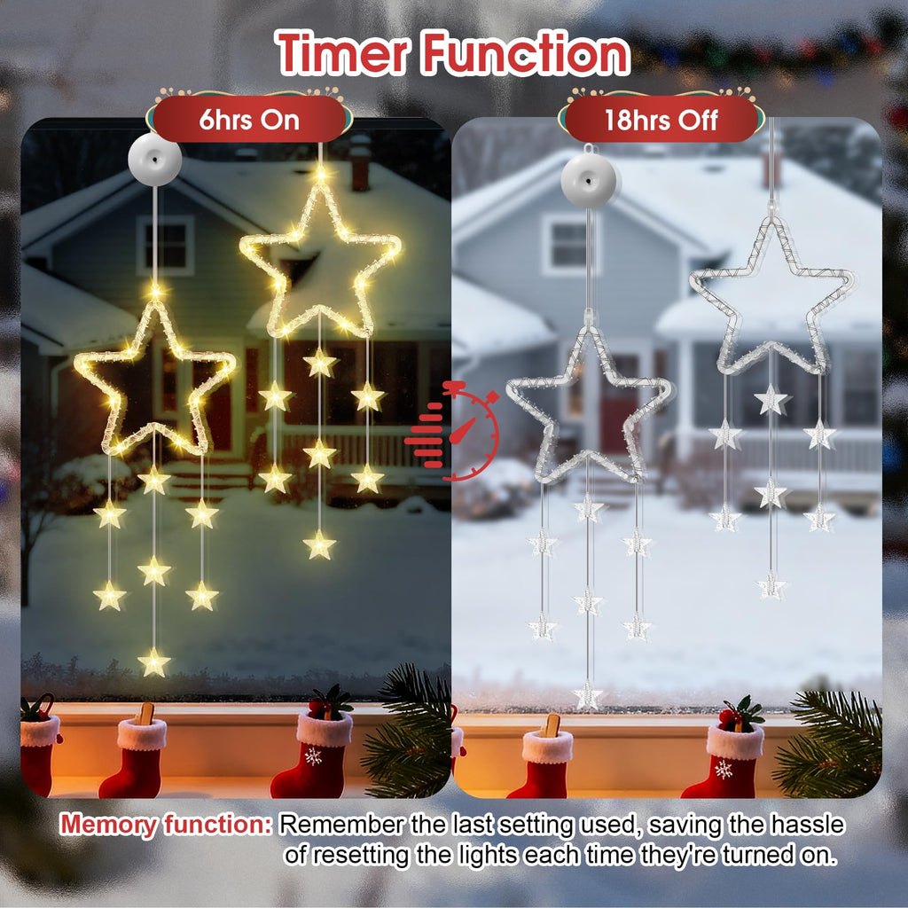 LED Sterne Weihnachtsbeleuchtung, 2 Stück Weihnachtsstern Fenster Lichterkette, Warmweiß Lichtervorhang Innen Batteriebetriebene mit Timer,8 Modi für Weihnachtsdeko Balkon Fest Party Hochzeit