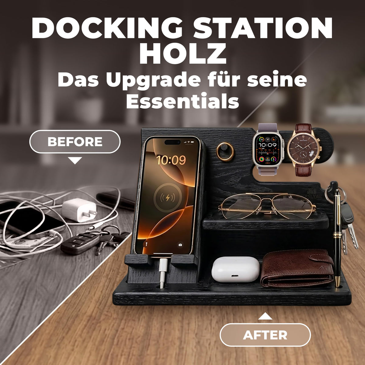 TESLYAR Organizer Schreibtisch Holz Handy Ladestation Männergeschenke Papa