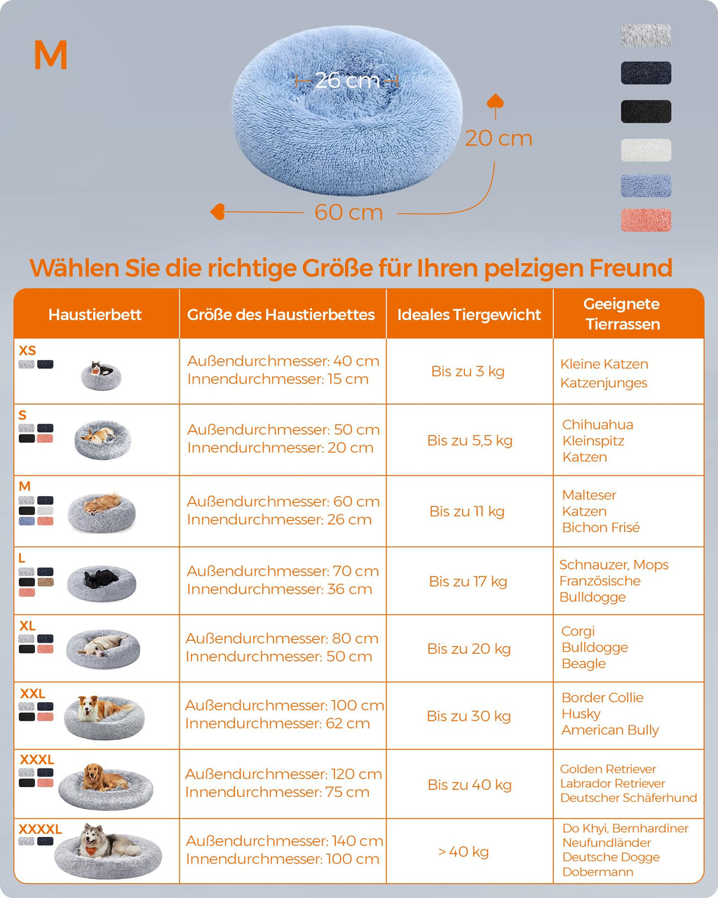 Feandrea Hundebett flauschig, waschbar, Langer Plüsch, 70 cm Durchmesser