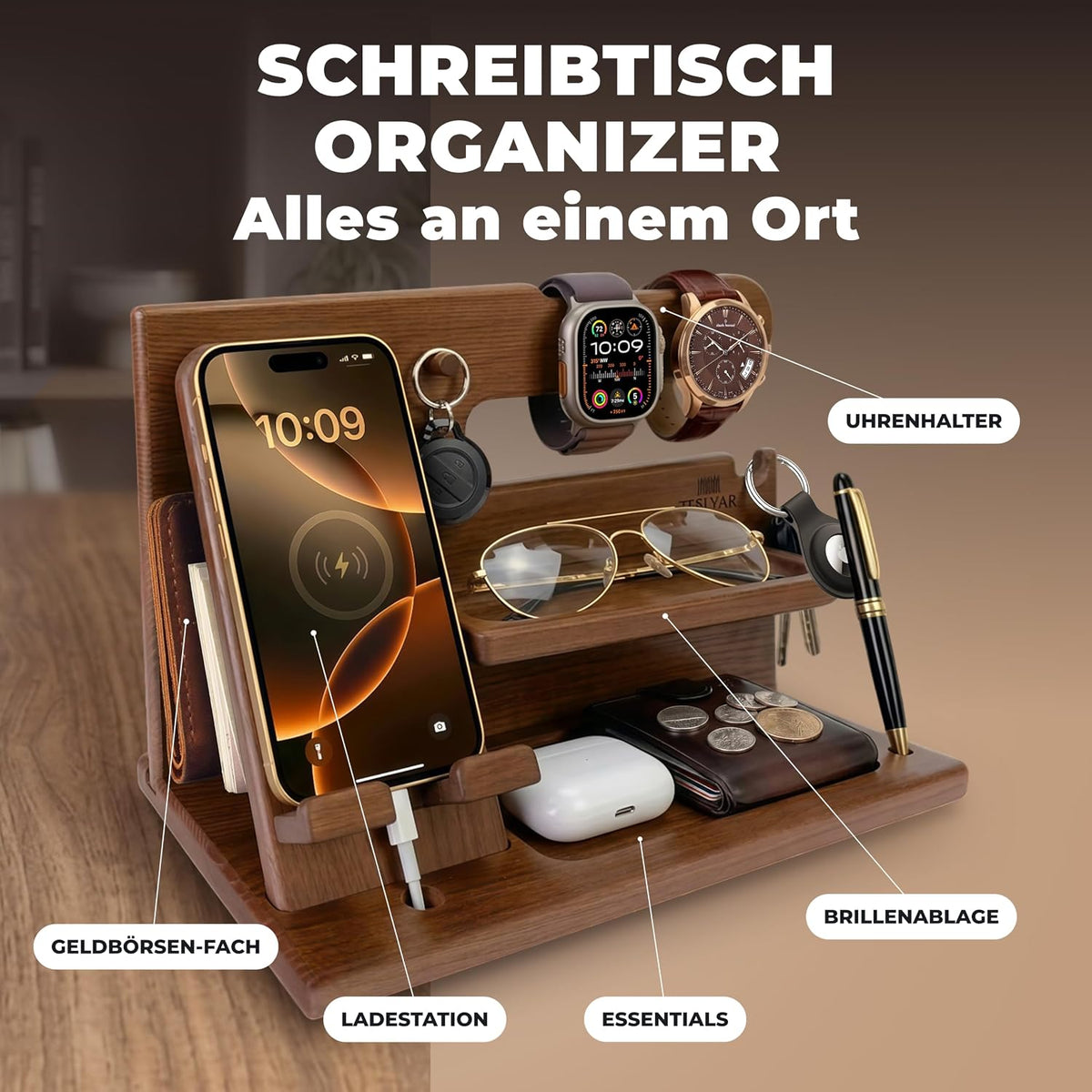 TESLYAR Organizer Schreibtisch Holz Handy Ladestation Männergeschenke Papa