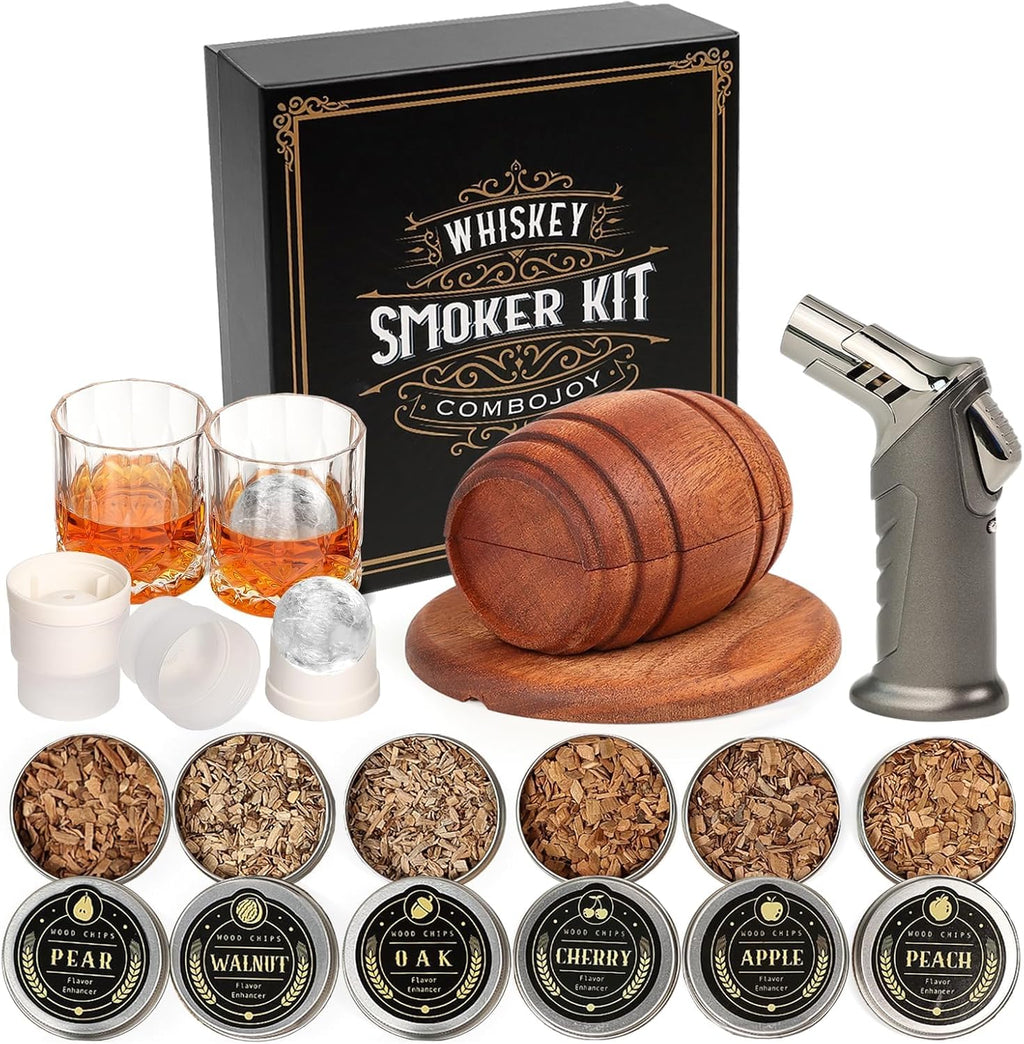 Whiskey Smoker Kit with Torch,6 Flavors Wood Chips, 2 Glasses, 2 Ice Ball Molds,Cocktail Smoker Infuser Kit, Old Fashioned Drink Smoker Kit, Husband , Boyfriend (Without Butan)