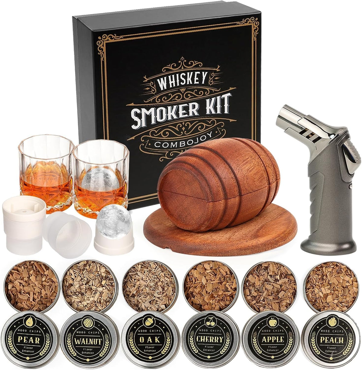 Whiskey Smoker Kit with Torch,6 Flavors Wood Chips, 2 Glasses, 2 Ice Ball Molds,Cocktail Smoker Infuser Kit, Old Fashioned Drink Smoker Kit, Husband , Boyfriend (Without Butan)