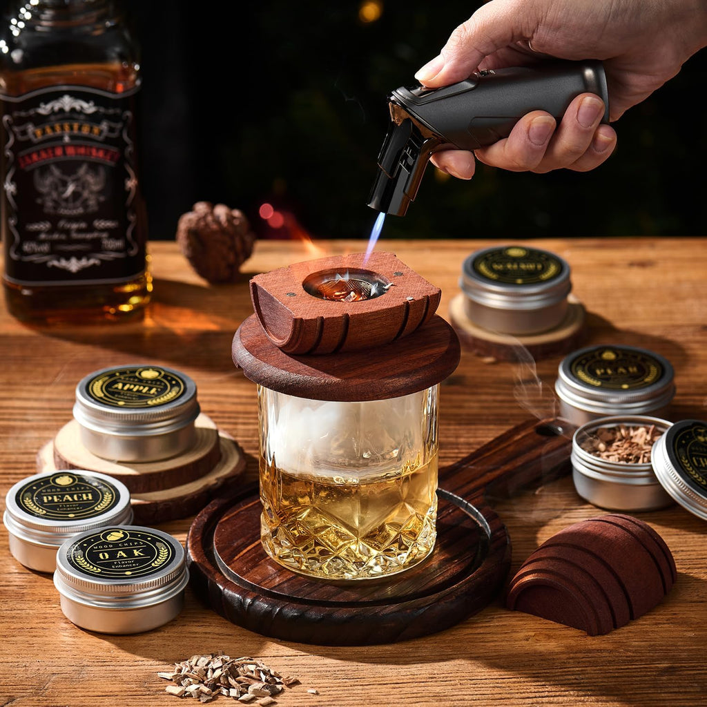 Whiskey Smoker Kit with Torch,6 Flavors Wood Chips, 2 Glasses, 2 Ice Ball Molds,Cocktail Smoker Infuser Kit, Old Fashioned Drink Smoker Kit, Husband , Boyfriend (Without Butan)