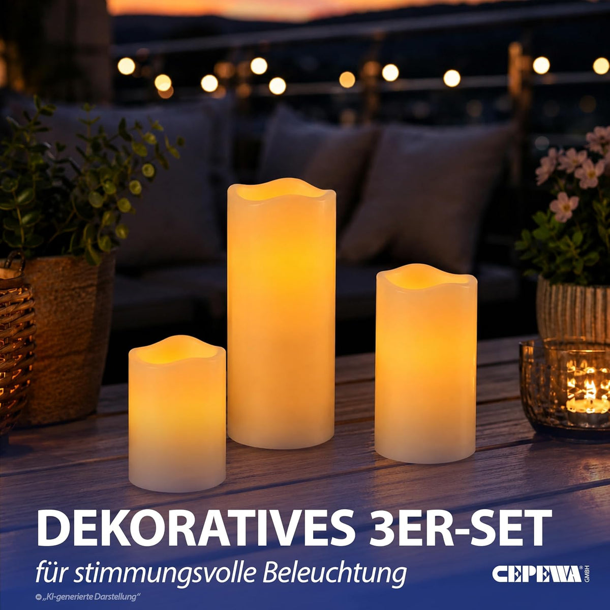 3er Set LED Kerzen Echtwachs-Optik Outdoor | 3 Größen Kunststoff elfenbein | Flackerfunktion warmweiß inkl. 5h Timer batteriebetrieben