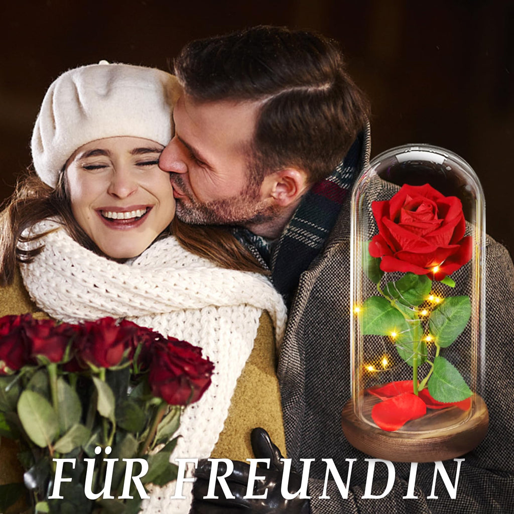 BOLEi Geschenke für Frauen,Ewige Rose im Glas mit LED(Klassisch Rot Rose)