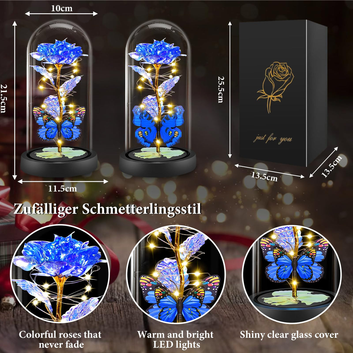 BOLEi Geschenke für Frauen,Ewige Rose im Glas mit LED(Klassisch Rot Rose)