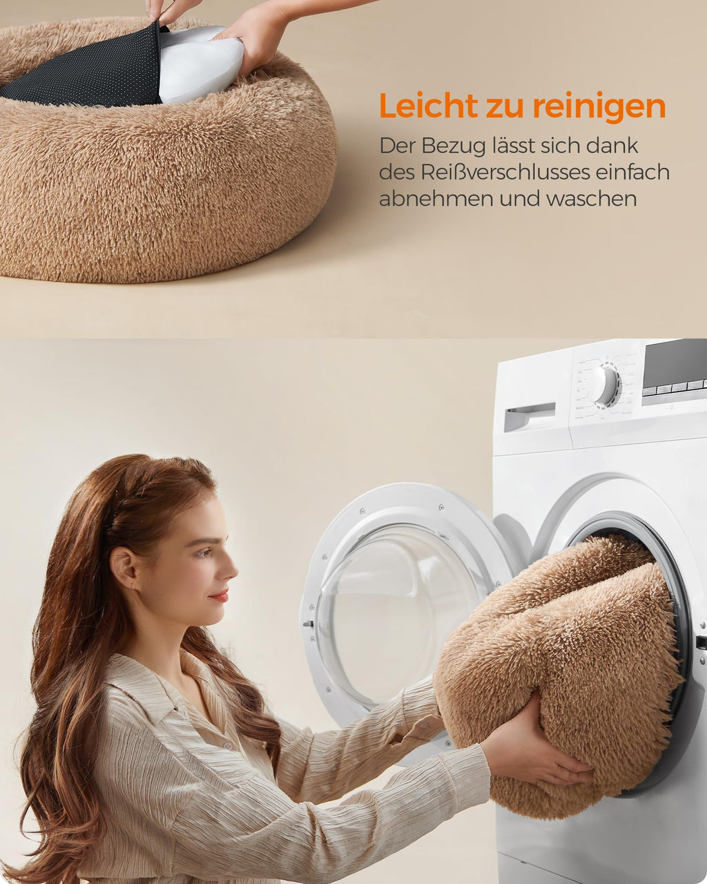 Feandrea Hundebett flauschig, waschbar, Langer Plüsch, 70 cm Durchmesser
