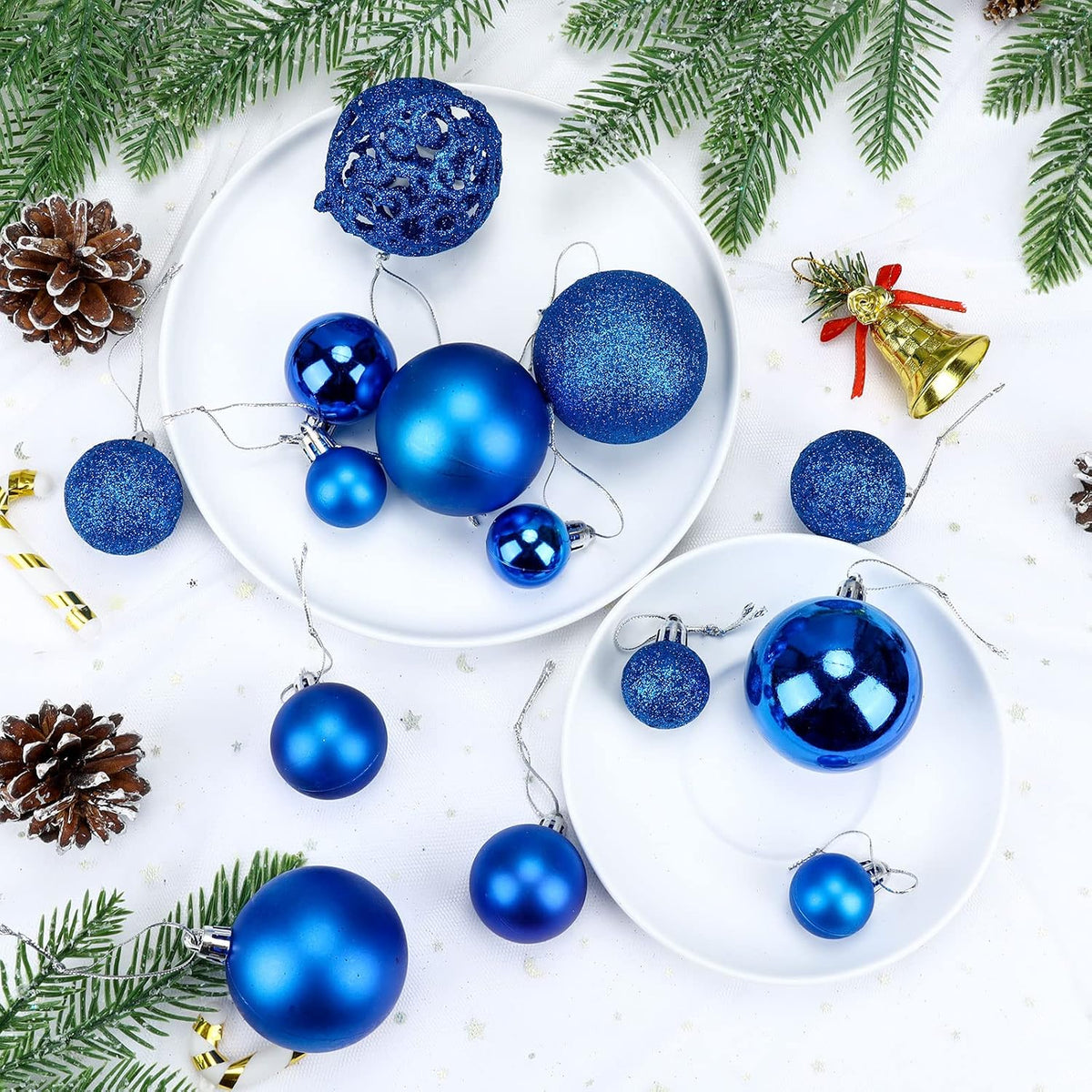 Aitsite 101 Stück Christbaumkugeln Blau Weihnachtskugeln 6CM/4 cm/2 cm Kunststoff Christbaumschmuck Wandbehang Ornamente Weihnachtsbaum Kugeln Flitter Tür Dekorationen Festival Dekore