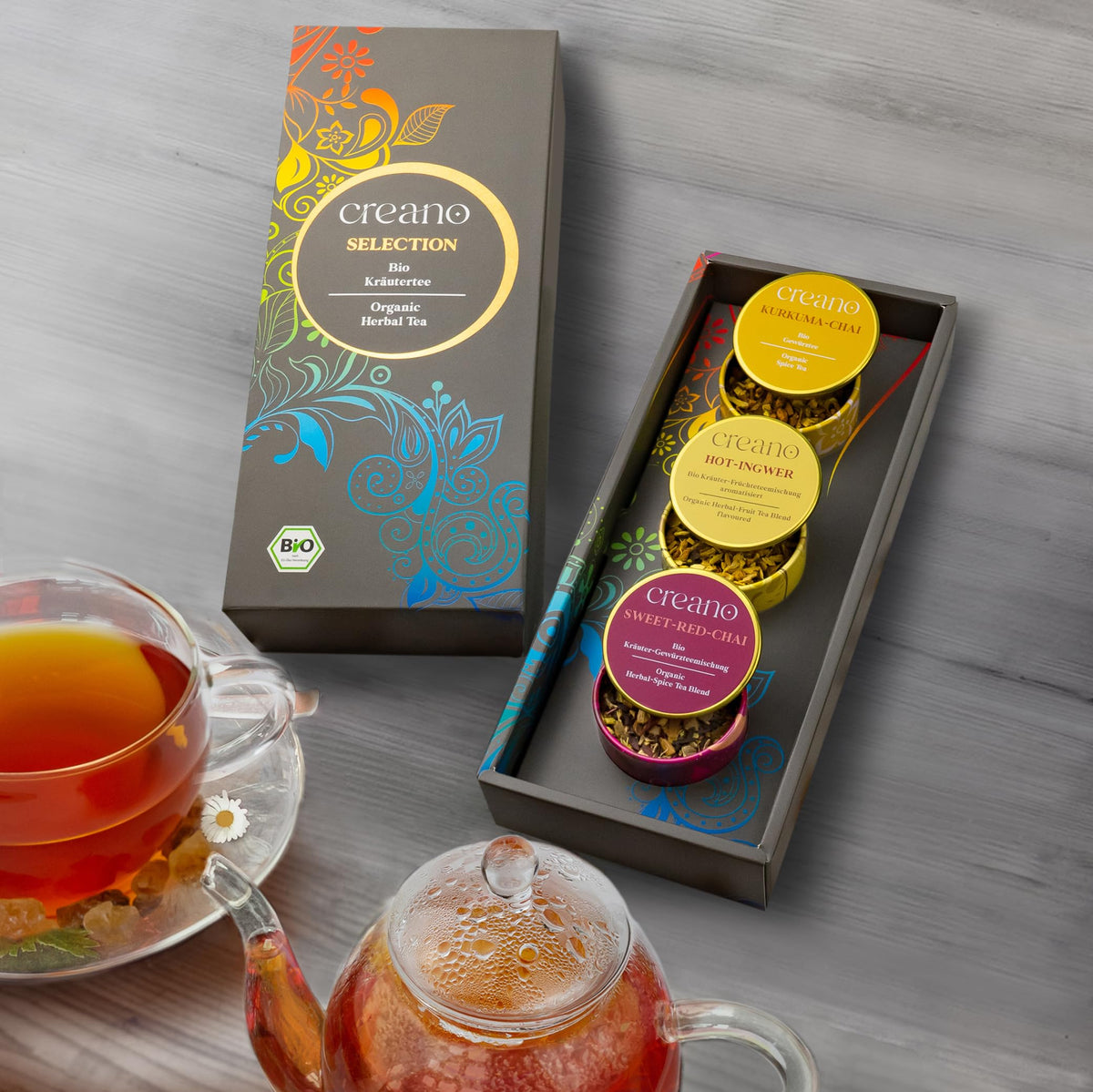 Creano Premium Bio Kräutertee Geschenkset „ORGANIC HERBAL TEA“ - 9 Pyramiden-Teebeutel in 9 unterschiedlichen Sorten - 22,5g - NEUHEIT 2024*