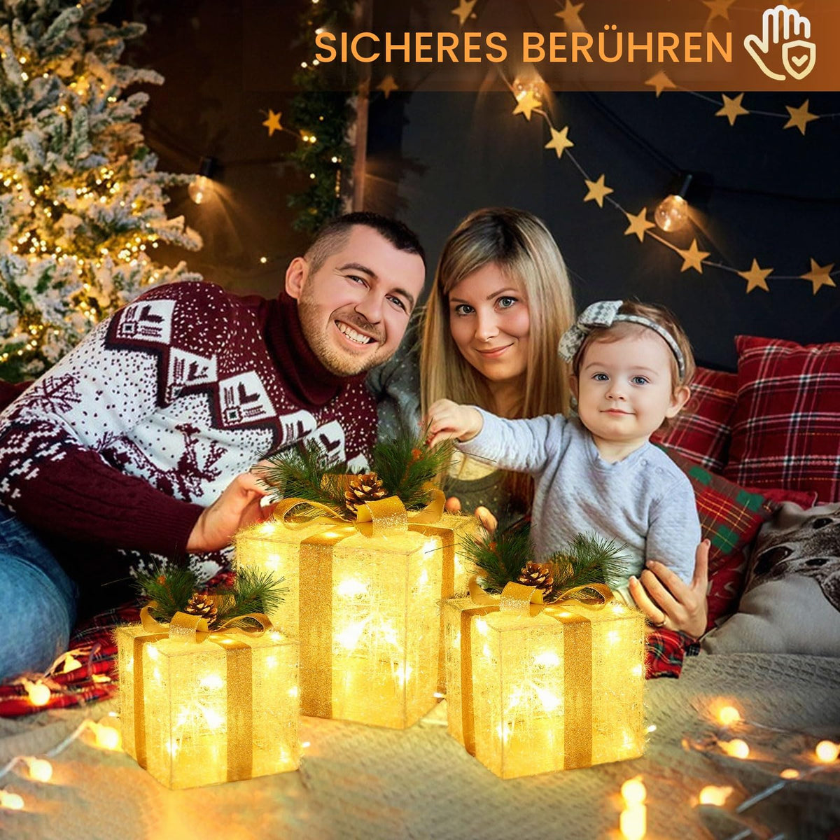 Quntis 3 Set LED Geschenkbox Weihnachtsdeko Innen Aussen 60 warmweiße LEDs
