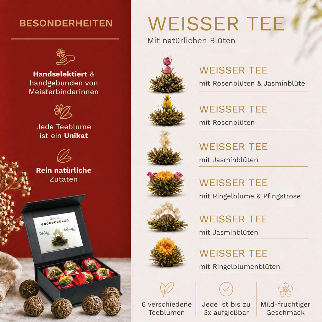 Creano 6 Teeblumen Geschenkbox weißer, schwarzer & grüner Tee in edler Magnetbox mit Silberprägung - 6 verschiedene Sorten - Geschenk zu Weihnachten