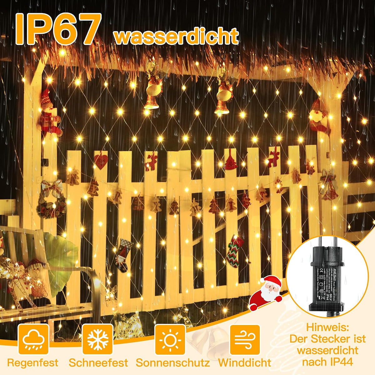 Ollny Lichternetz Außen 3x2m, 200 LED Warmweiß mit 8 Modi, Timer, IP67