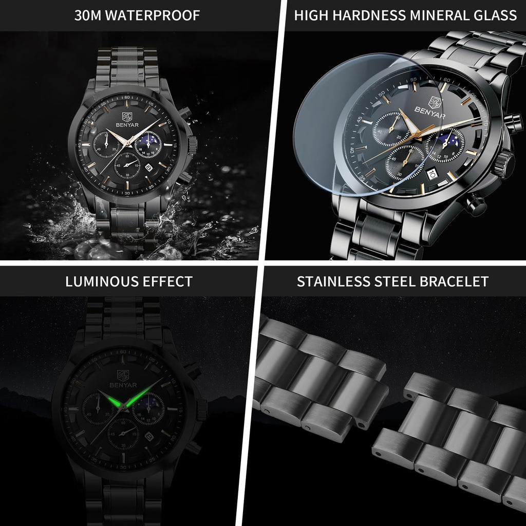 BENYAR BY Uhren Herren Chronograph Analog Quarz Wasserdicht Datum Armbanduhr Herren Mode Business-Kleid Herrenuhr Elegantes Geschenk fur Männer