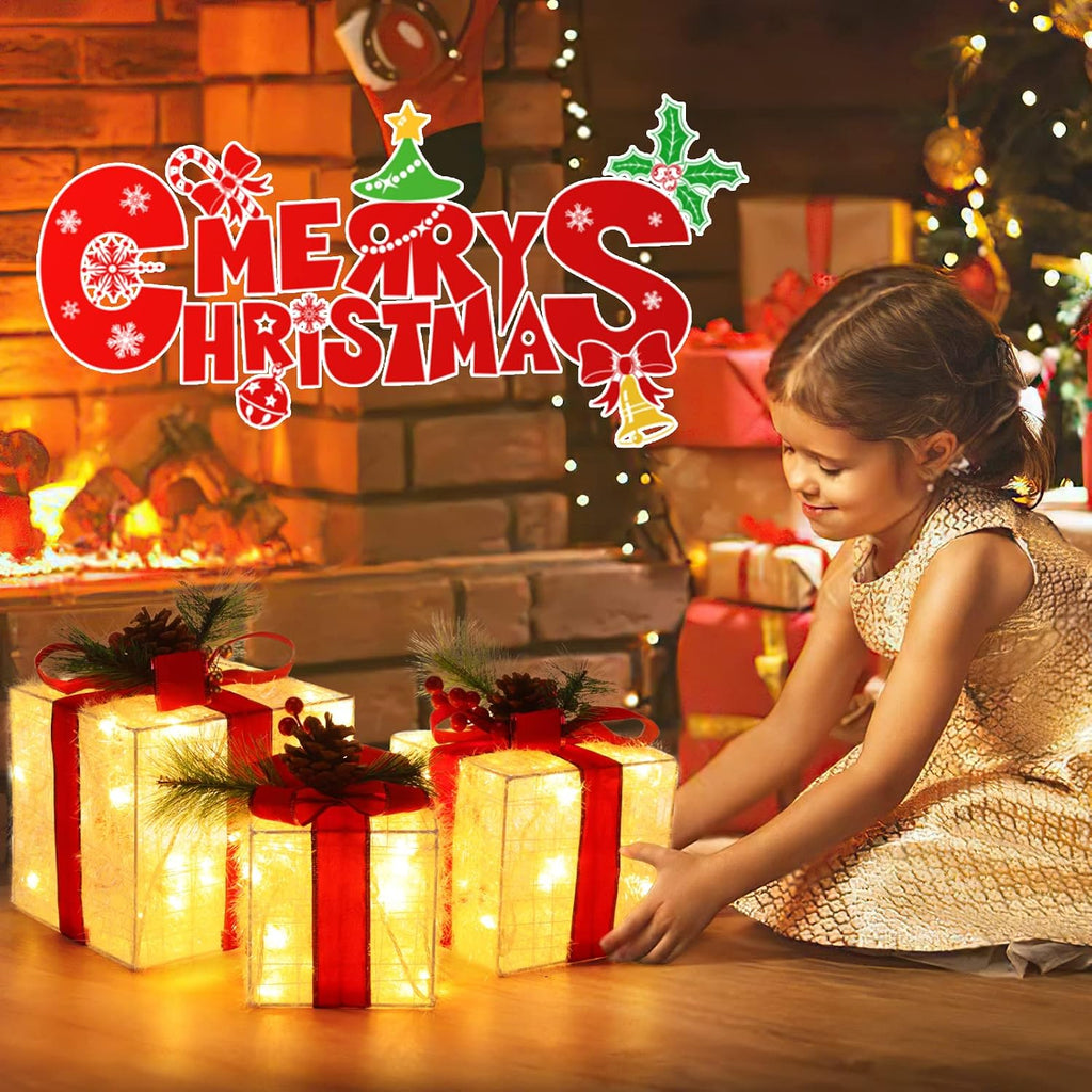 Quntis 3 Set LED Geschenkbox Weihnachtsdeko Innen Aussen 60 warmweiße LEDs