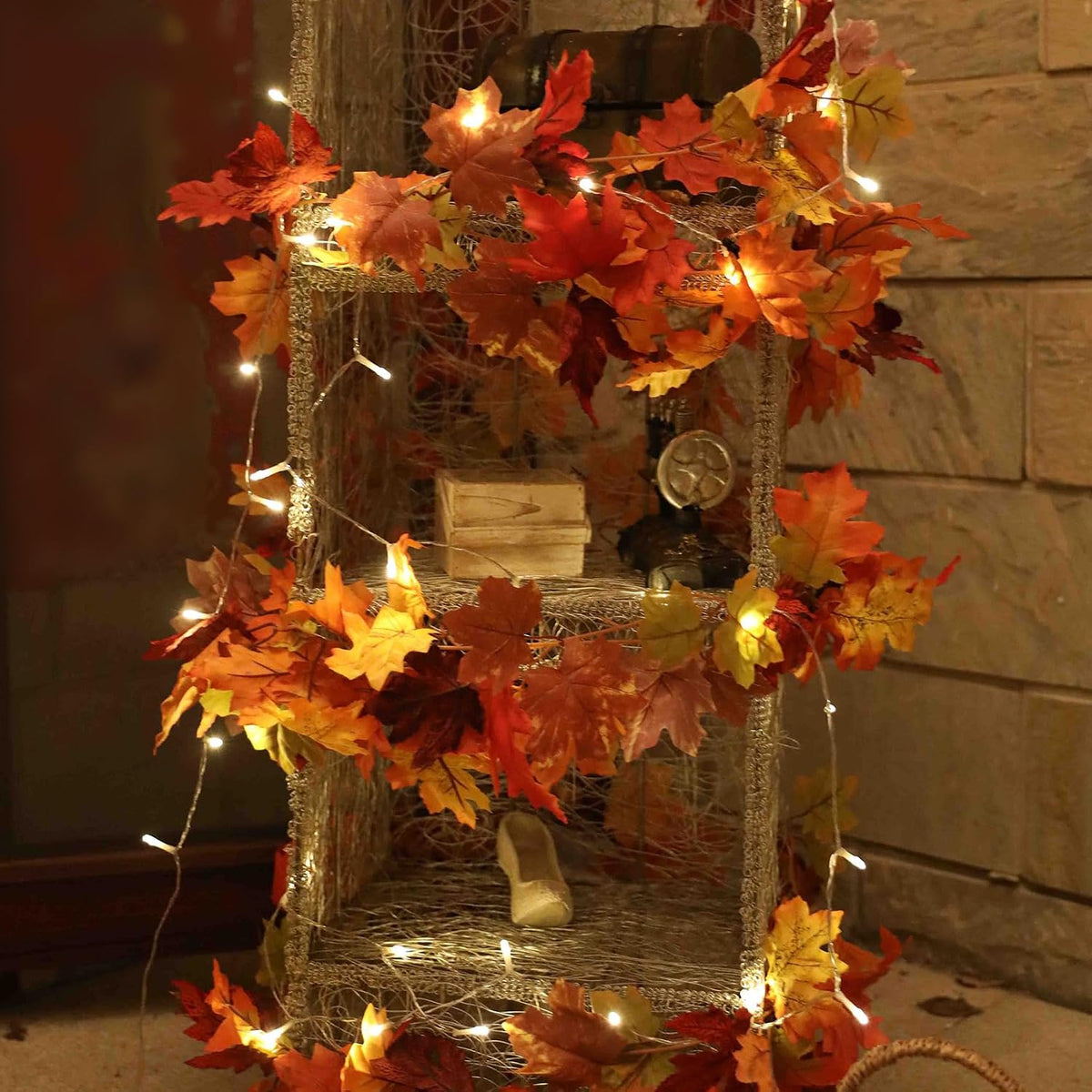 KASZOO 2 Stück Ahornblätter Herbstgirlande Mit 40 LEDs - 176cm/Stück Herbstblätter Girlande,Girlande Herbst Für Zuhause, Garten, Hochzeit, Kamin, Party Weihnachtsdekoration