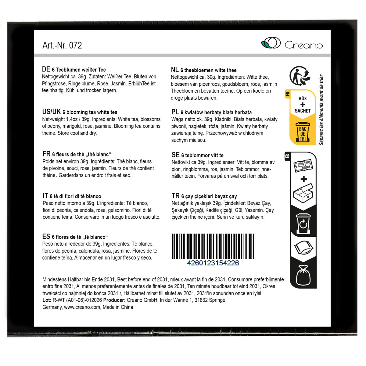 Creano 6 Teeblumen Geschenkbox weißer, schwarzer & grüner Tee in edler Magnetbox mit Silberprägung - 6 verschiedene Sorten - Geschenk zu Weihnachten