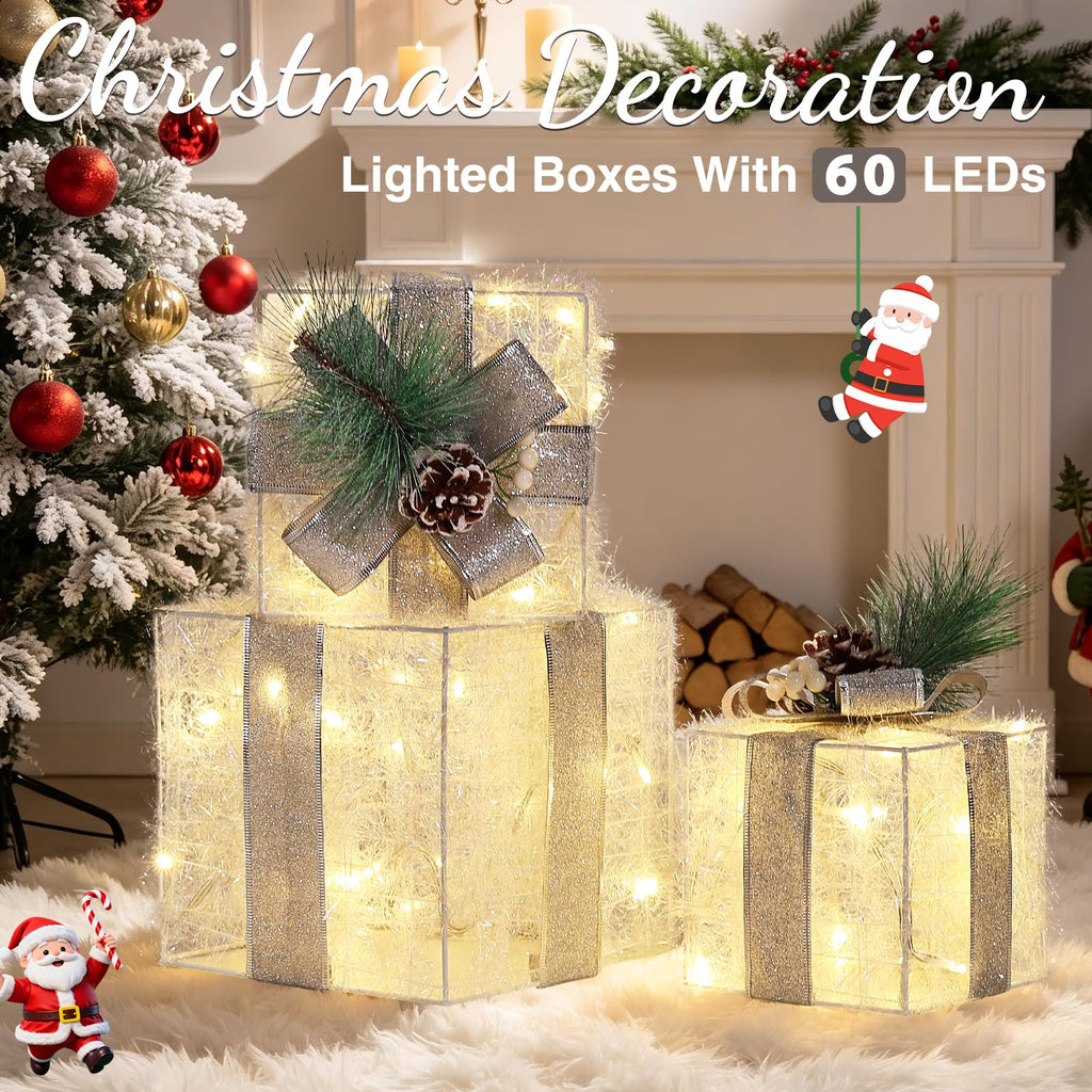 Quntis 3 Set LED Geschenkbox Weihnachtsdeko Innen Aussen 60 warmweiße LEDs