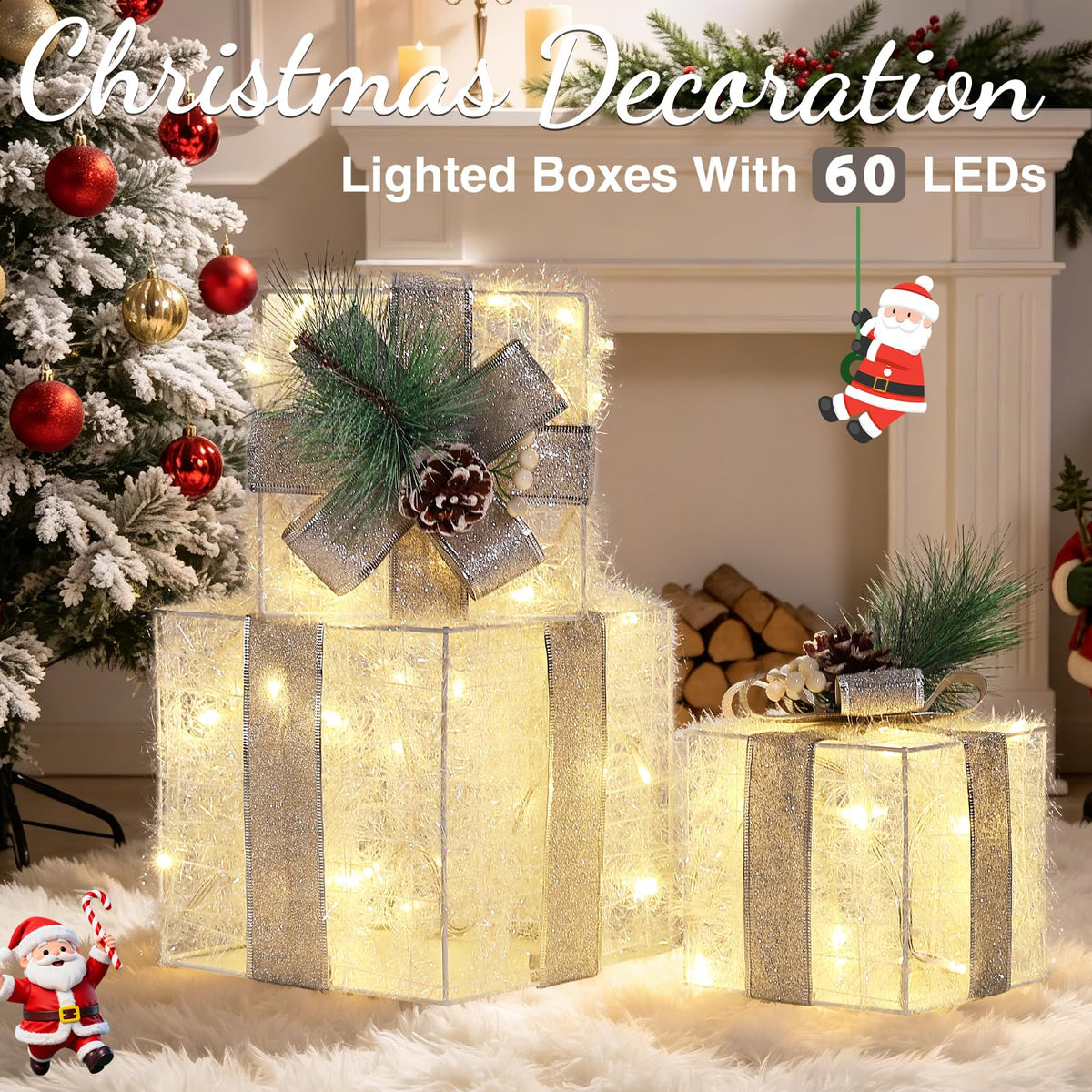 Quntis 3 Set LED Geschenkbox Weihnachtsdeko Innen Aussen 60 warmweiße LEDs