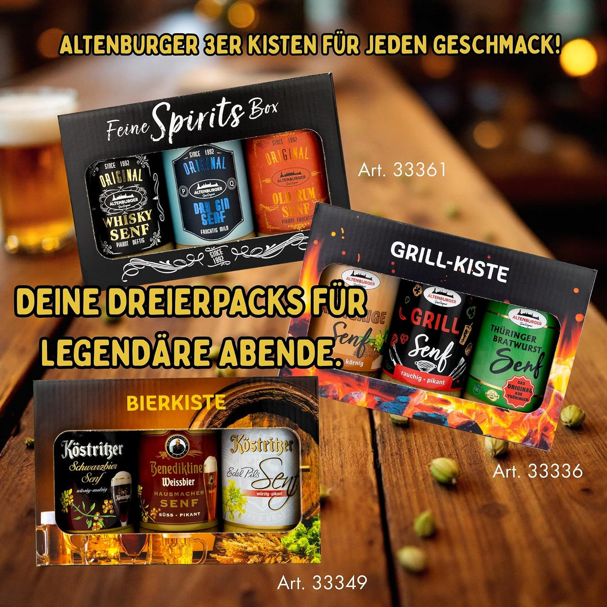 Altenburger Original Bierkiste - drei mit Bier verfeinerte Senfsorten als Geschenk-Set (3-teilig), Geschenkbox für Männer und Frauen