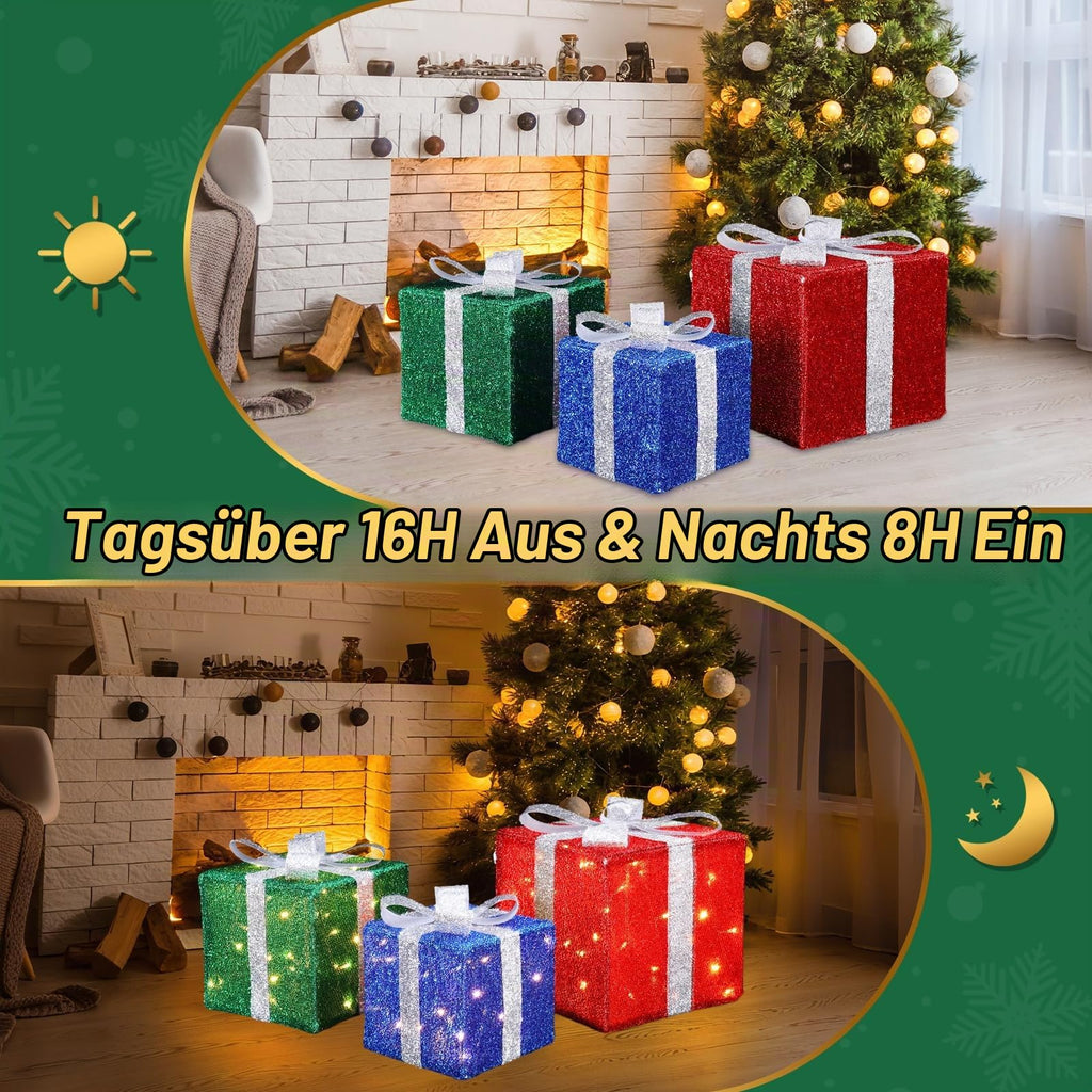 Quntis 3 Set LED Geschenkbox Weihnachtsdeko Innen Aussen 60 warmweiße LEDs