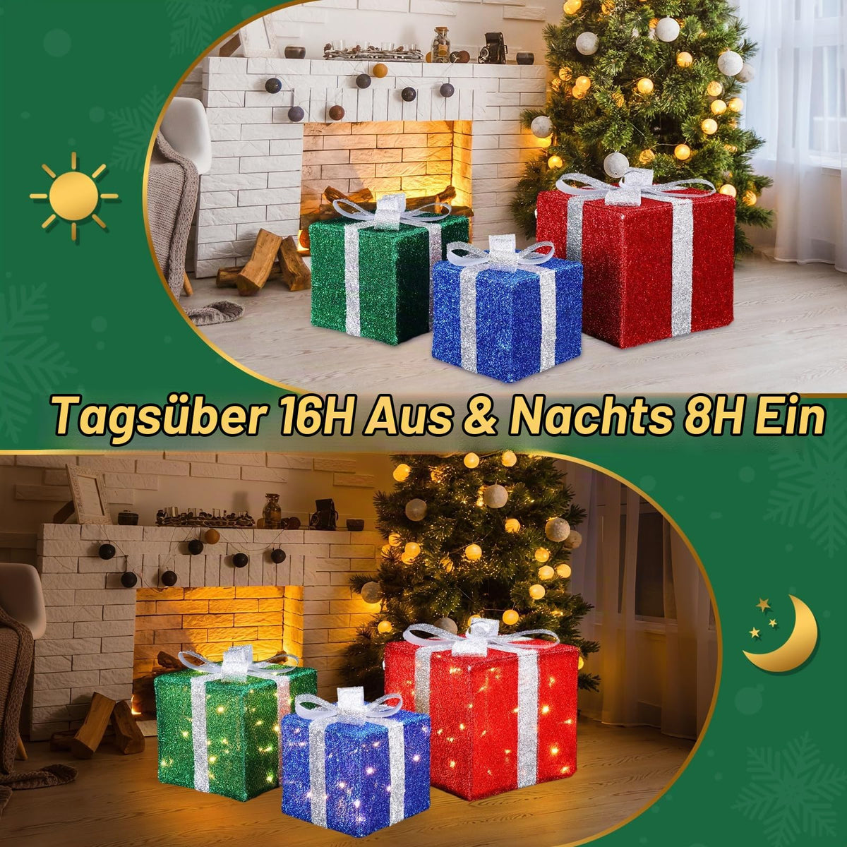 Quntis 3 Set LED Geschenkbox Weihnachtsdeko Innen Aussen 60 warmweiße LEDs