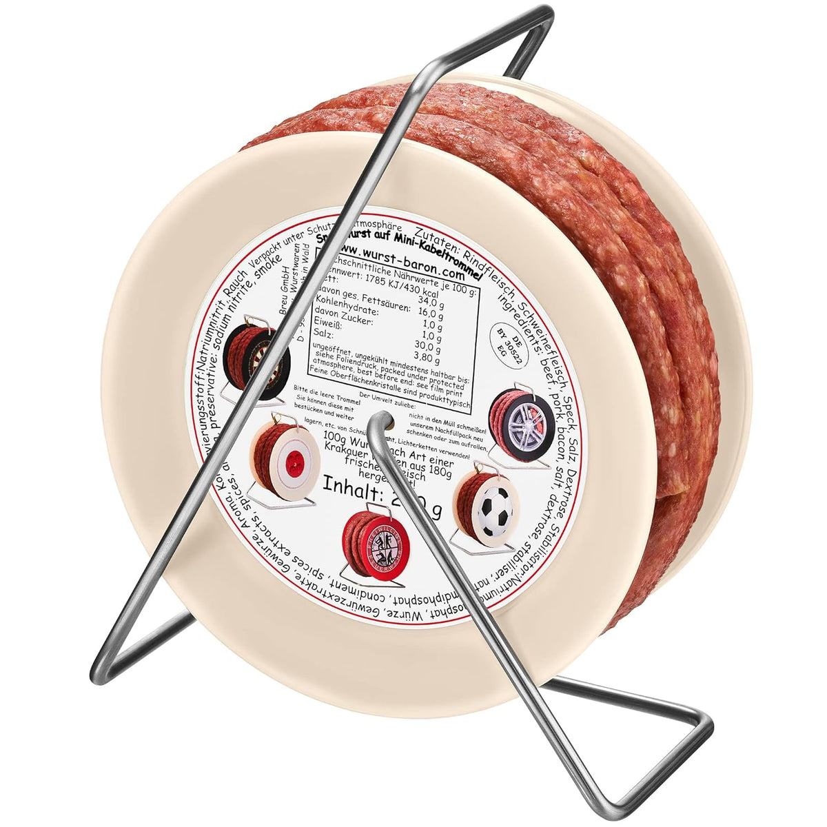 WURSTBARON® Wurst Kabeltrommel, 3,5m Wurst nach Krakauer Art, hochwertige Qualität und rauchiges Aroma, lustiges Geschenk für sie und ihn, 240 g