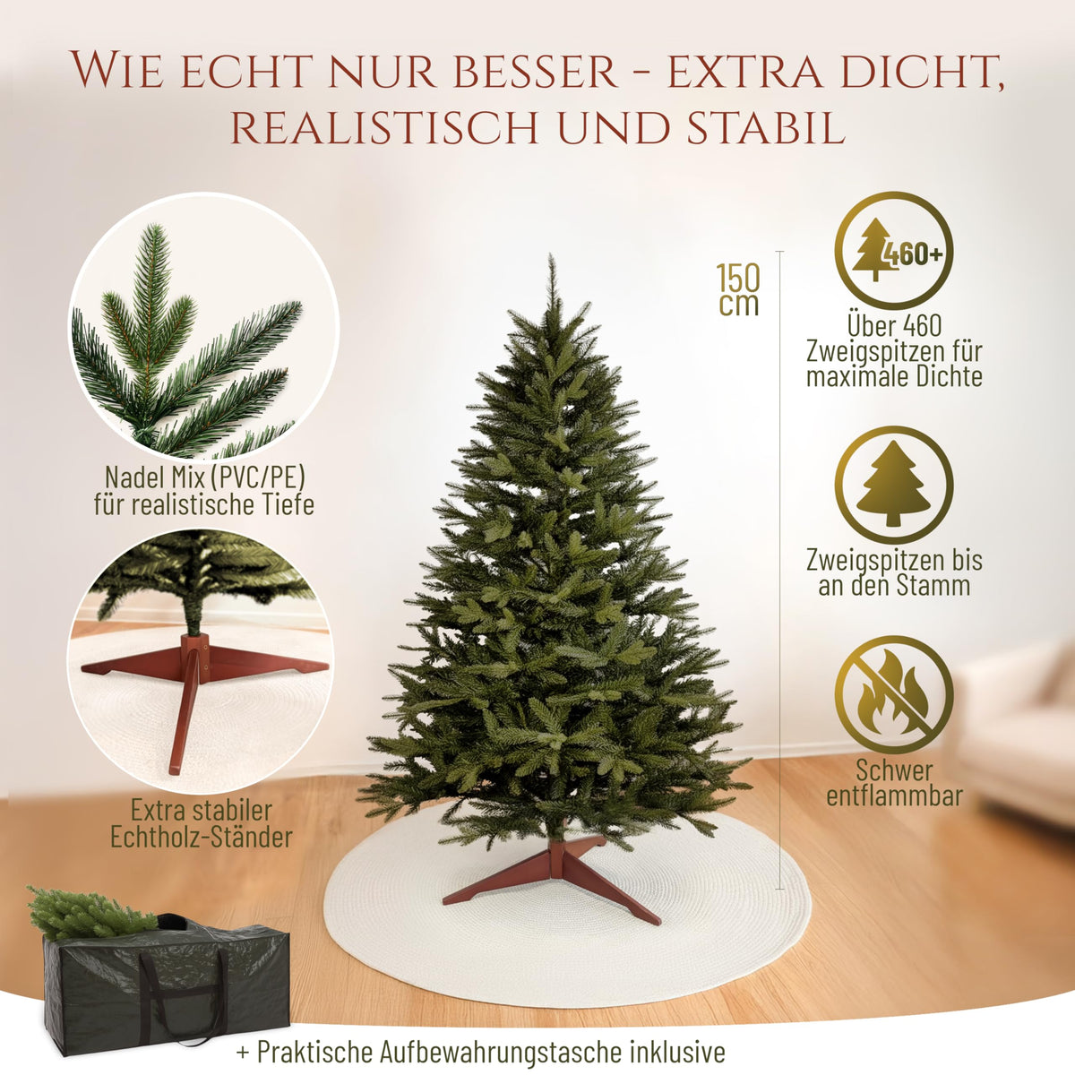 Premium Weihnachtsbaum künstlich 180cm - TESTSIEGER 10 Jahre GARANTIE - Naturgetreu, dichte Zweige, Künstlicher Weihnachtsbaum mit Holzständer, Christmas Tree Tannenbaum künstlich 180 cm Pure Living