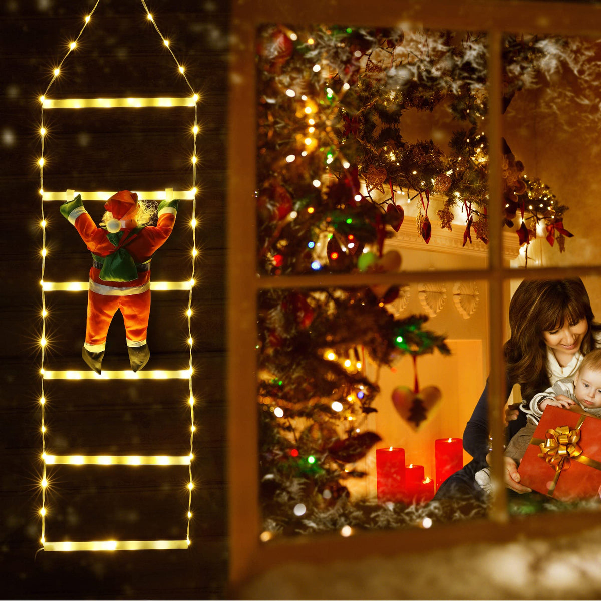 Geemoo Weihnachtsbeleuchtung Außen Batterie, 81cm Weihnachtsbaum Leiter Lichterkette mit Lametta Girlande, Timer, 8 Modi, Warmweiß Fensterlicht für Innen, Fenster, Party, Hochzeit, Tür, Weihnachtsdeko
