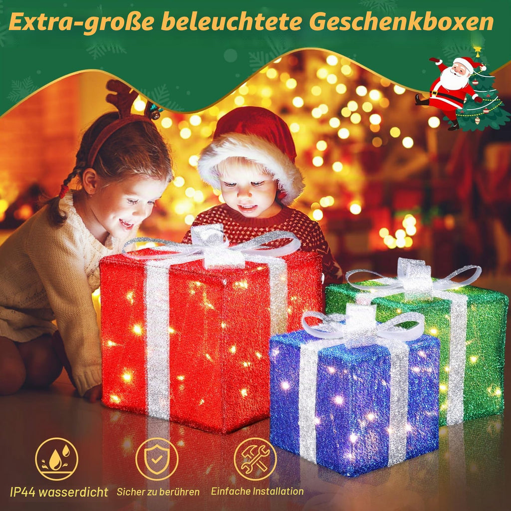 Quntis 3 Set LED Geschenkbox Weihnachtsdeko Innen Aussen 60 warmweiße LEDs