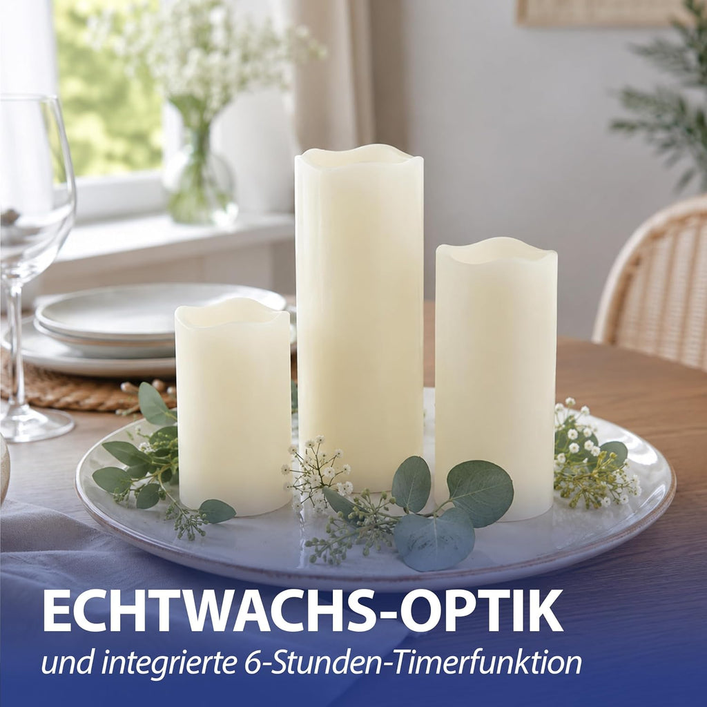 3er Set LED Kerzen Echtwachs-Optik Outdoor | 3 Größen Kunststoff elfenbein | Flackerfunktion warmweiß inkl. 5h Timer batteriebetrieben